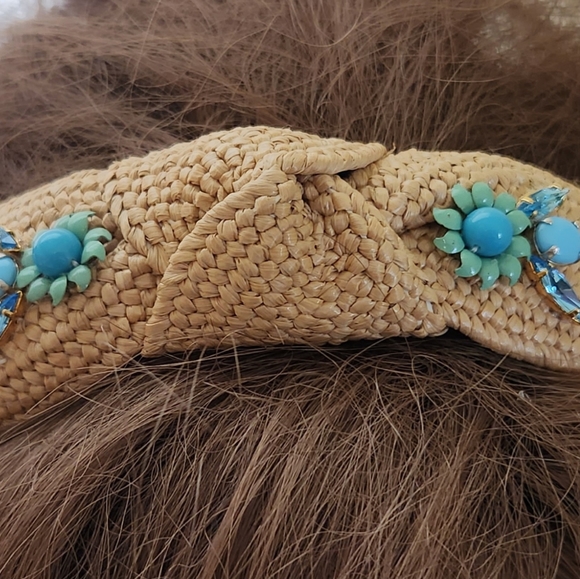 Handbeaded Tan Straw Rattan Headband One of a Kind - Picture 3 of 7